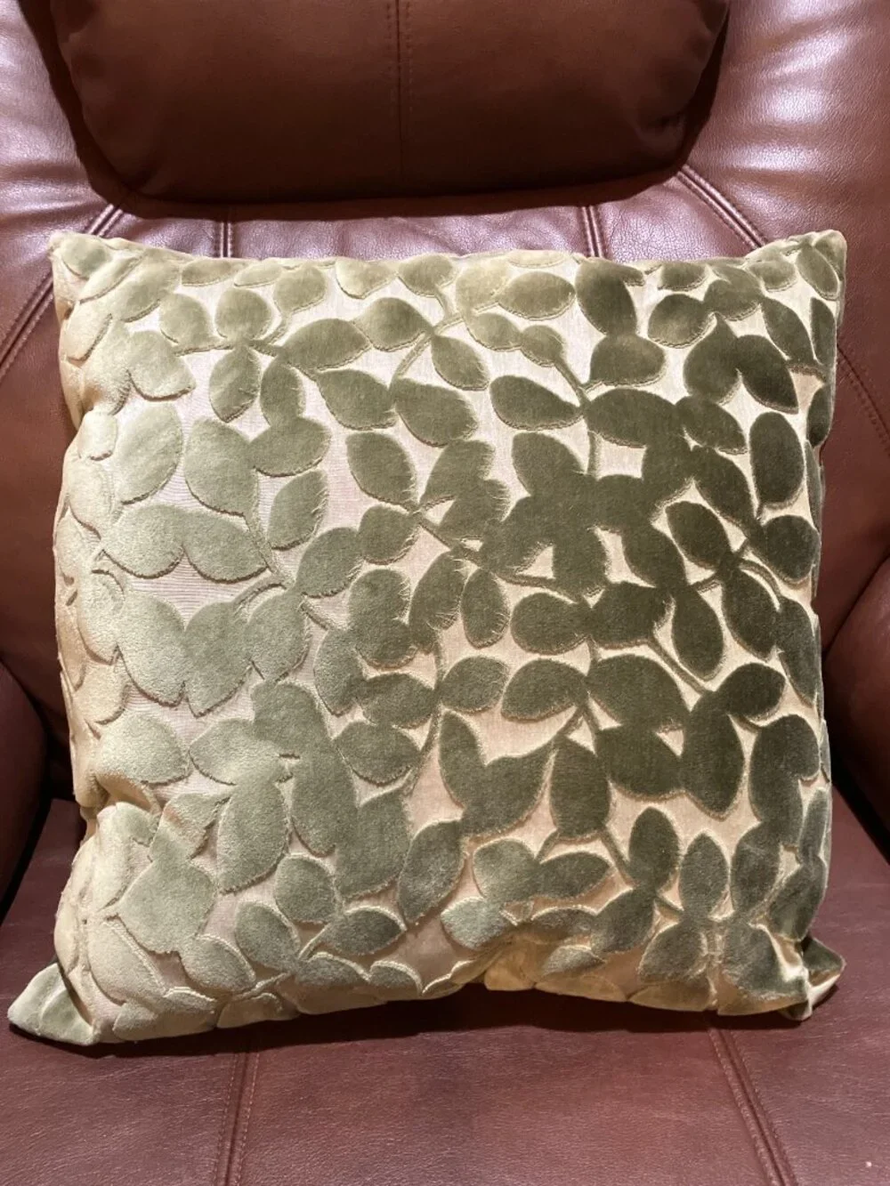 Accent Pillow Green Textured Velour Leaf Pattern 16